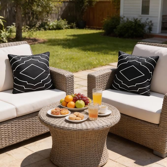 Waterproof Geometric Outdoor Pillow Covers 18x18 Inch Set of 2 | Black and White Geometric Throw Pillow Covers, Modern Decorative Cushion Cases for Patio Garden Porch Balcony Couch Sofa