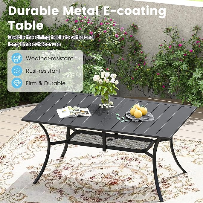 7 Pieces Patio Dining Set, 59" Rectangular Dining Table with Umbrella Hole, 6 Stackable Textilene Fabric Chairs, Metal Structure for Patio, Porch, Garden(Black Table, Blue Chair)
