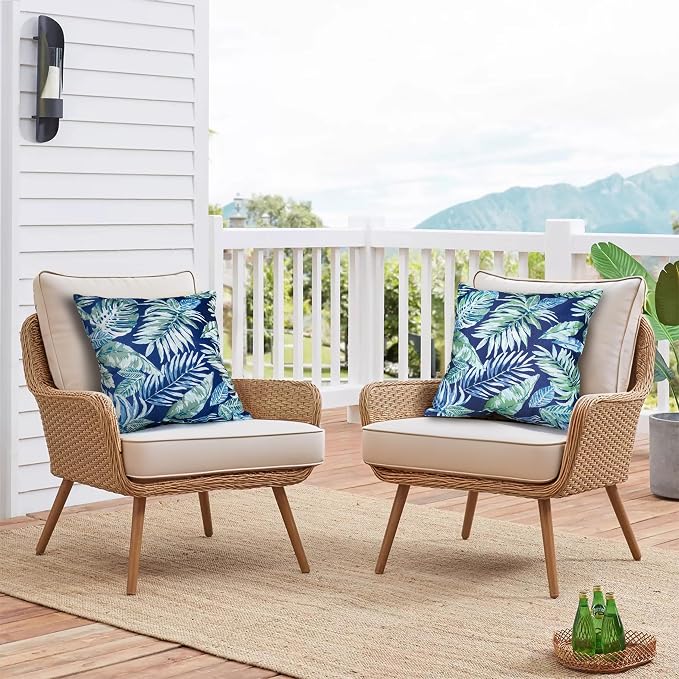 Outdoor Pillow Covers 18x18 Inch, Waterproof Throw Pillow Covers Pack of 2, Water-Resistant Decorative Pillow Case for Patio Furniture Tent Garden, Tropical Leaf, Blue Green, Cover ONLY