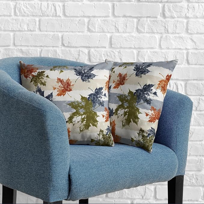 Thanksgiving Autunm Pillow Cover Fall Leaves Throw Pillow Covers 24x24 Maple Leaf Decor Pillow Case Blue Beige White Stripes Pillowcase for Living Room Couch Outdoor Set of 2