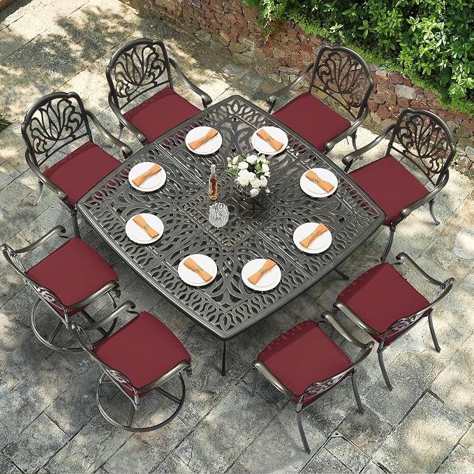 VIVIJASON 9-Piece Outdoor Furniture Dining Set for 8, Cast Aluminum Patio Table and Chairs Set with 6 Stationary Chairs, 2 Swivel Rocker Chairs, 64" Large Square Dining Table, Umbrella Hole, Red