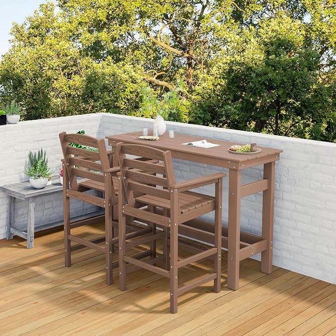 SERWALL Outdoor Bar Set - 4 Adirondack Bar Chairs & Bar Height Table with 1.6" Umbrella Hole, All-Weather HDPE Patio Furniture for Poolside, Backyard, Garden - Brown