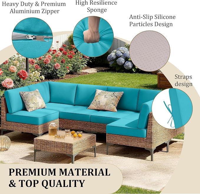 14pc Waterproof Outdoor Couch Cushions for 6 Seat Patio Lake Blue | Water-resistant, UV-resistant,14pc High-Density Foam Replacement Cushions for 6-Seat Outdoor Sectional Furniture