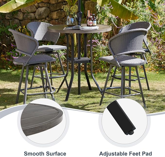 VICLLAX Patio Bar Height Table, Outdoor Round Bar Table with Umbrella Hole for Balcony, Porch, Deck, 37" Grey