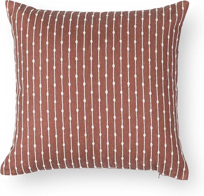 Modern Farmhouse Fall Linen Indoor Outdoor Throw Pillow Cover Only, 20"x20" Water Repellent for Patio, Backyard, Couch, Rust Neutral Embroidered Stripes
