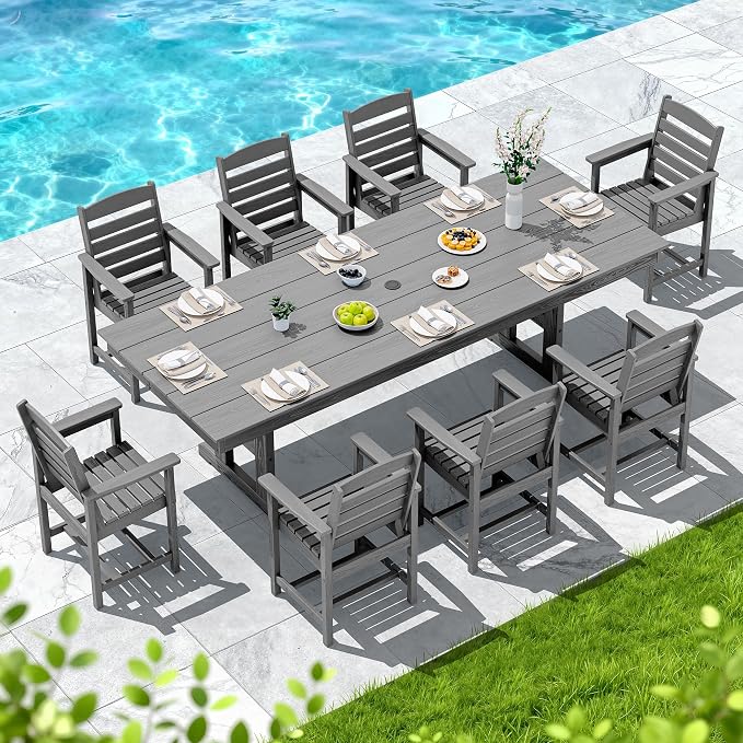 SERWALL Outdoor Dining Chairs Set of 4 with Arms, All-Weather HDPE Patio Chair with 19.7" Widened Seat, for Backyard, Garden, Gray
