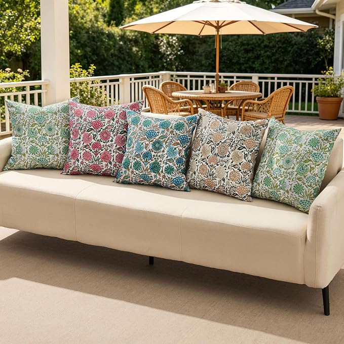 Allorry Outdoor Waterproof Pillow Covers 20x20 Blue Floral Outdoor Decor | Set of 2 Vintage Floral Block Print Pillow Cover,Farmhouse Boho Decorative for Spring Summer Outdoor Sofa Bedroom Decor