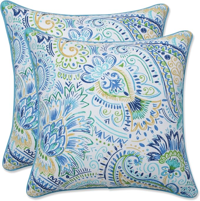 Pillow Perfect Paisley Indoor/Outdoor Accent Throw Pillow, Plush Fill, Weather, and Fade Resistant, Throw - 16.5" x 16.5", Blue/Yellow Gilford, 2 Count