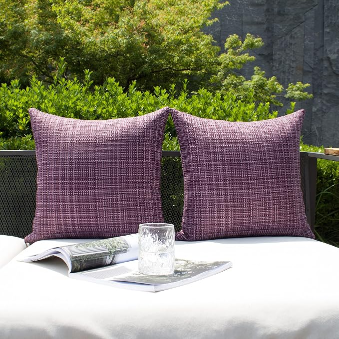 Kevin Textile Outdoor Waterproof 26x26 Inch Pillow Covers 2 Pack, Violet | Water Resistant, Faux Linen Yarn-dyed, Woven Texture Euro Throw Pillow Covers for Tent Patio Garden Couch Sofa