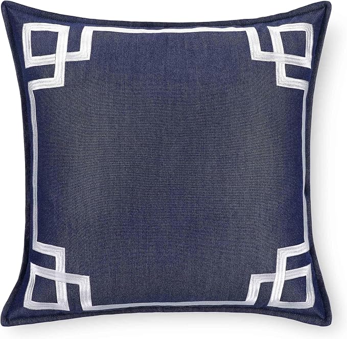 Hofdeco Premium Coastal Hampton Outdoor Performance Throw Pillow Cover Only, 20"x20" Water Repellent, UV and Fade Resistant for Backyard, Couch, Poolside, Indigo Blue Embroidered Frame Greek Key