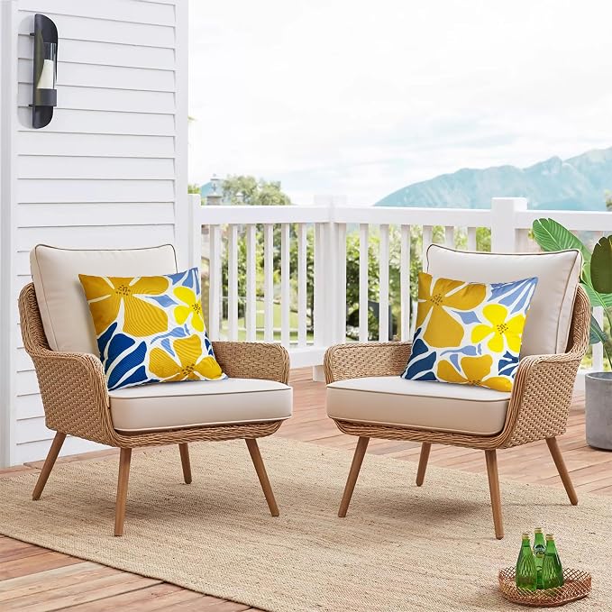 Outdoor Pillow Covers 18x18 Inch, Water-Resistant Decorative Pillow Covers Pack of 2, Floral Throw Pillow Case for Patio Furniture Tent Garden, Yellow Blue Floral, Cover ONLY