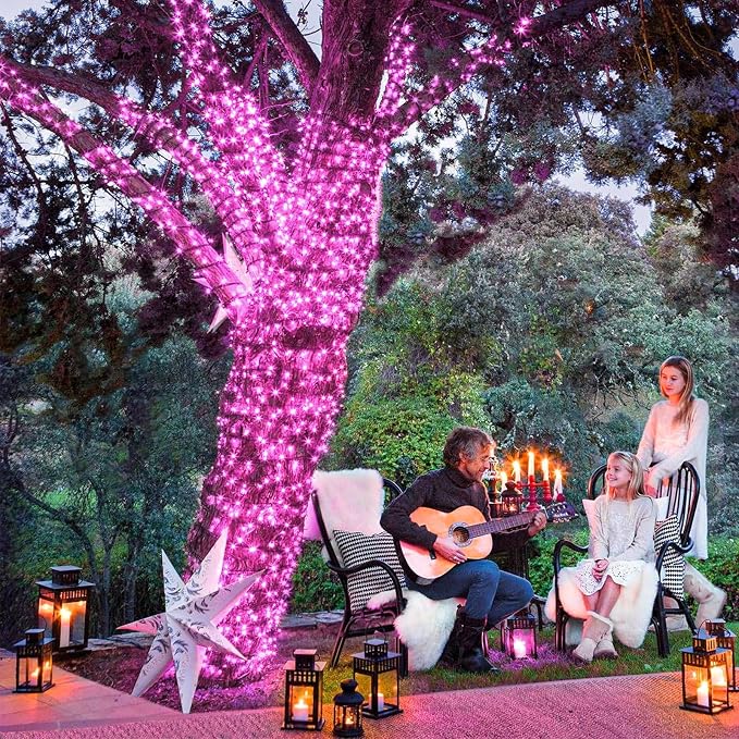 Pink Christmas Lights Outdoor, 66FT 200 LED Christmas Tree Lights | Waterproof 8 Modes Connectable String Lights for Outside Indoor Bedroom Home Patio Yard Party Holiday Decorations