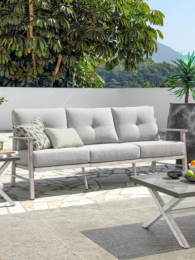 3 Seats Patio Furniture Sofa, Outdoor Aluminum Couch with 5.9'' Soft Cushion, 3-Seater All-Weather Outdoor Patio Furniture Sofa Couch for Balcony, Poolside, Lawn, White Oak