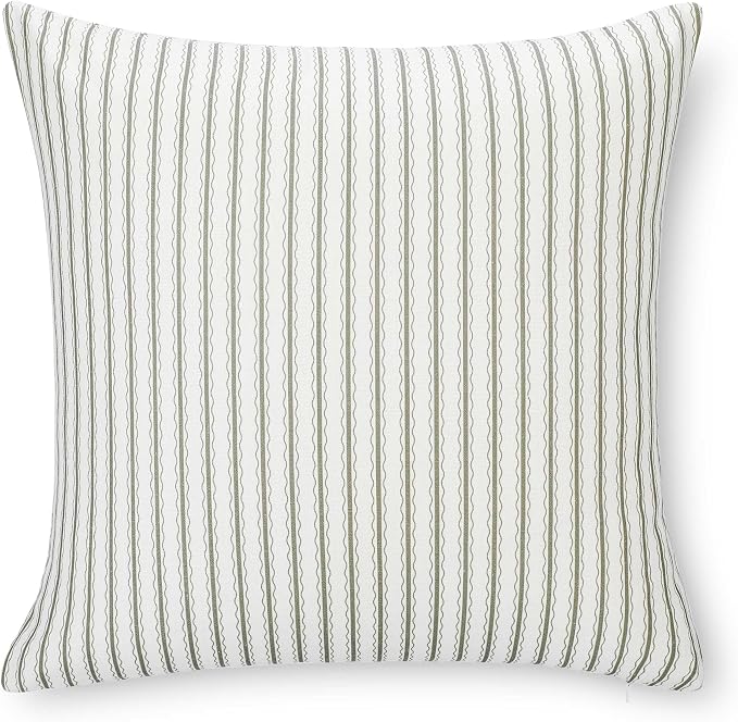 Modern Farmhouse California Casual Indoor Outdoor Throw Pillow Cover, 22"x22" Water Repellent for Patio, Backyard, Couch, Poolside, Oliver Green Print Wave Stripes