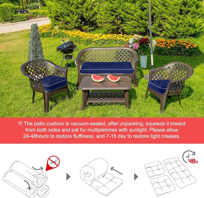 Wenqik 42 x 17 x 3.7 Inch Outdoor Bench Cushion Set of 3 Waterproof Tufted 1 Patio Loveseat Cushions and 2 Square Chair Seat Pad for Outdoor Furniture Couch Swing Sofa Wicker Settee(Navy Blue)