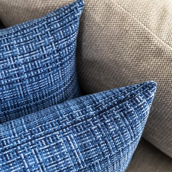Kevin Textile Outdoor Waterproof 18x18 Inch Pillow Covers 2 Pack, Navy Blue | Water Resistant, Faux Linen Yarn-dyed, Woven Texture Throw Pillow Covers for Tent Patio Garden Couch Sofa