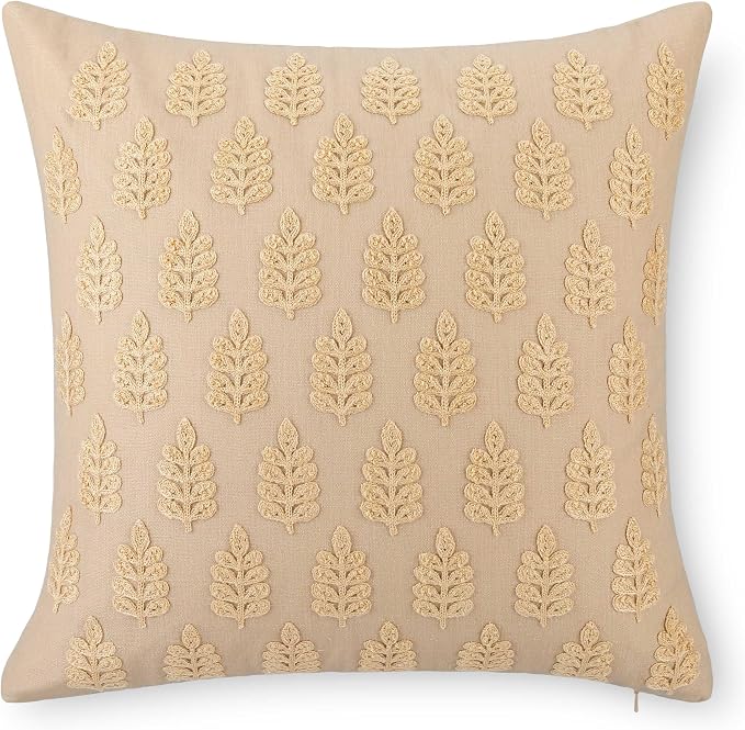 Crumbs Home Modern Farmhouse California Casual Indoor Outdoor Throw Pillow Cover, 20"x20" Water Repellent for Patio, Backyard, Couch, Poolside, Earth Tone Ivory Cream Tan Embroidered Leaves