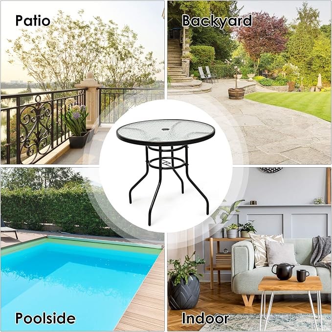 Tangkula 32" Round Outdoor Table with Tempered Glass Top, Patio Dining Table with Umbrella Hole & Metal Frame, Outside Bistro Table for Backyard, Lawn, Deck & Poolside