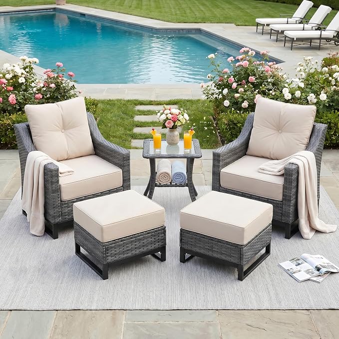 5 Pieces Patio Furniture Set, PE Rattan Patio Set with Soft Cushions & Side Table,All Weather Outside Furniture with Ottoman for Porch, Garden, Backyard
