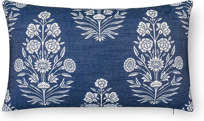 California Casual Coastal Indoor Outdoor Lumbar Pillow Cover, 12"x20" Water Repellent for Patio, Backyard, Couch, Poolside, Dark Navy Print Floral