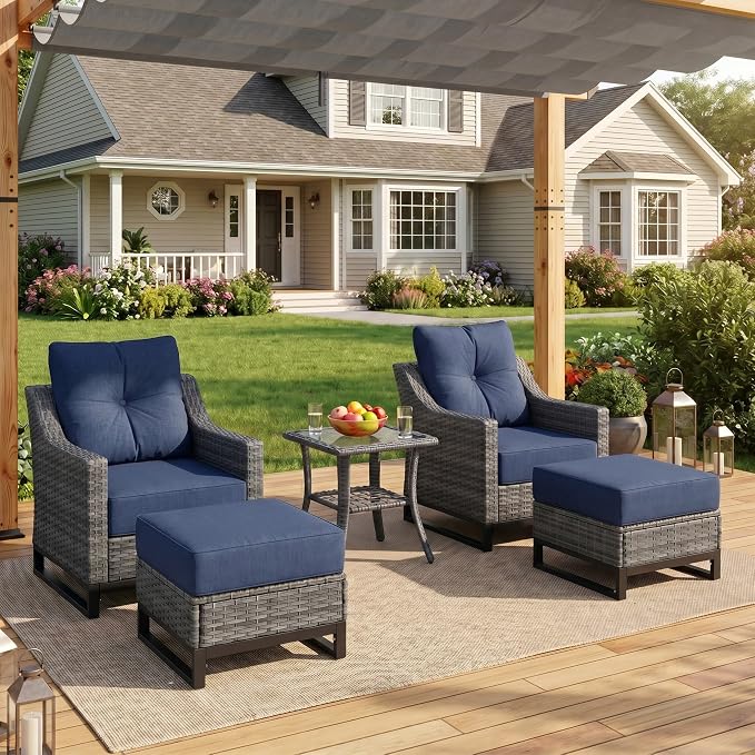 5 Pieces Patio Furniture Set, PE Rattan Patio Set with Soft Cushions & Side Table,All Weather Outside Furniture with Ottoman for Porch, Garden, Backyard