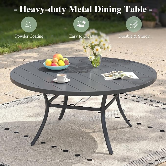 Outdoor Dining Table for 6, 50" Round Outdoor Table with Adjustable Umbrella Hole, All-Weather Metal Patio Dining Table for Lawn Garden Backyard Deck, Dark Grey