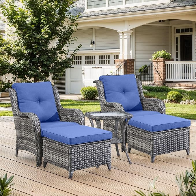 Belord Patio Chairs Outdoor Furniture Set, 3 Peices Porch Wicker Furniture with Side Table, Deep Seating Patio Bistro Chair Sets (Blue Cushion)