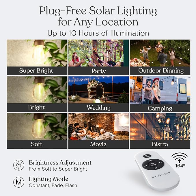 Brightech Ambience Pro Solar String Lights & Remote, Commercial Grade 48 ft | Dimmable Outdoor String Lights, Waterproof Patio Lights, 15 Shatterproof LED Edison Bulbs for Outside & Porch, 4W Soft White