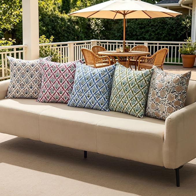 Allorry Floral Outdoor Pillow Covers 16x16 Green Outdoor Waterproof Decor | Set of 2 Vintage Floral Block Print Pillow Cover,Farmhouse Boho Decorative for Spring Summer Outdoor Sofa Bedroom Decor