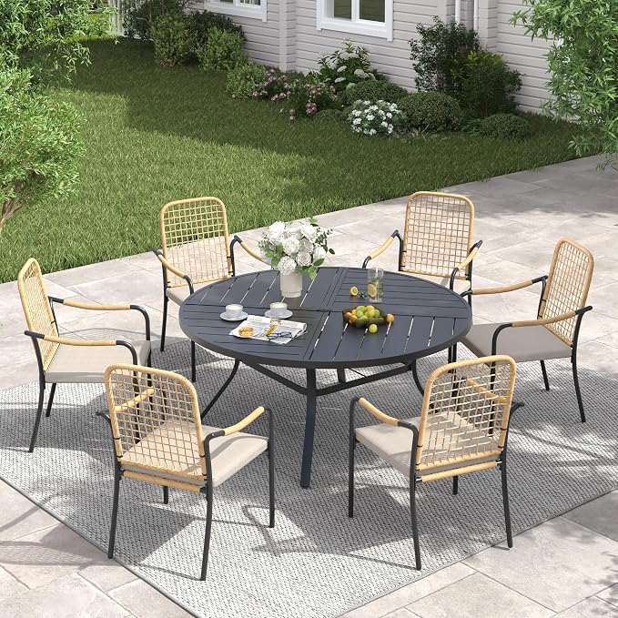 VICLLAX 47.2" Round Patio Table with Umbrella Hole, All Weather Metal Outdoor Dining Table for 6, Outside Table with Storage Shelf for Lawn Garden, Black