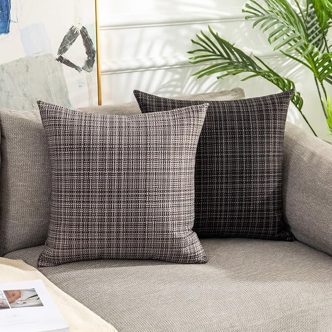 Kevin Textile Outdoor Waterproof 12"x20" Lumbar Pillow Covers 2 Pack, Black | Water Resistant, Faux Linen Yarn-dyed, Woven Texture Throw Pillow Covers for Tent Patio Garden Couch Sofa