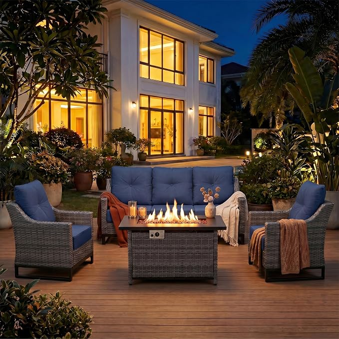 5-Piece Patio Furniture Set, Rattan Wicker Patio Set with Two Outdoor Chairs and Table, Wicker Rattan Outdoor Sofa Set with with Comfy Cushions for for Porch, Garden Poolside Balcon