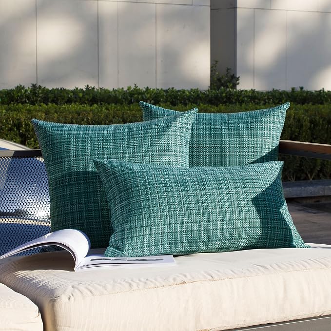 Kevin Textile Outdoor Waterproof 12"x20" Lumbar Pillow Covers 2 Pack, Teal | Water Resistant, Faux Linen Yarn-dyed, Woven Texture Throw Pillow Covers for Tent Patio Garden Couch Sofa