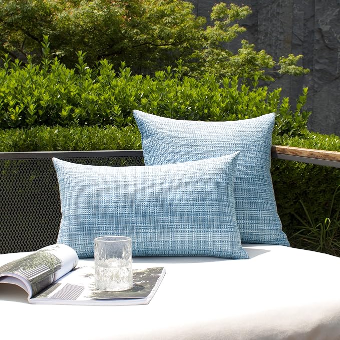 Kevin Textile Outdoor Waterproof 22"x22" Pillow Covers 2 Pack, Light Blue | Water Resistant, Faux Linen Yarn-dyed, Woven Texture Throw Pillow Covers for Tent Patio Garden Couch Sofa