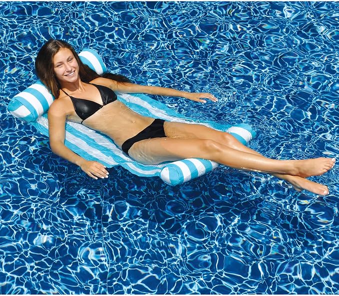 Swimline Premium 46 x 24 Inch Swimming Pool Floating Water Hammock Lounge Chair with Inflatable Head and Footrests, Blue and White (3 Pack)