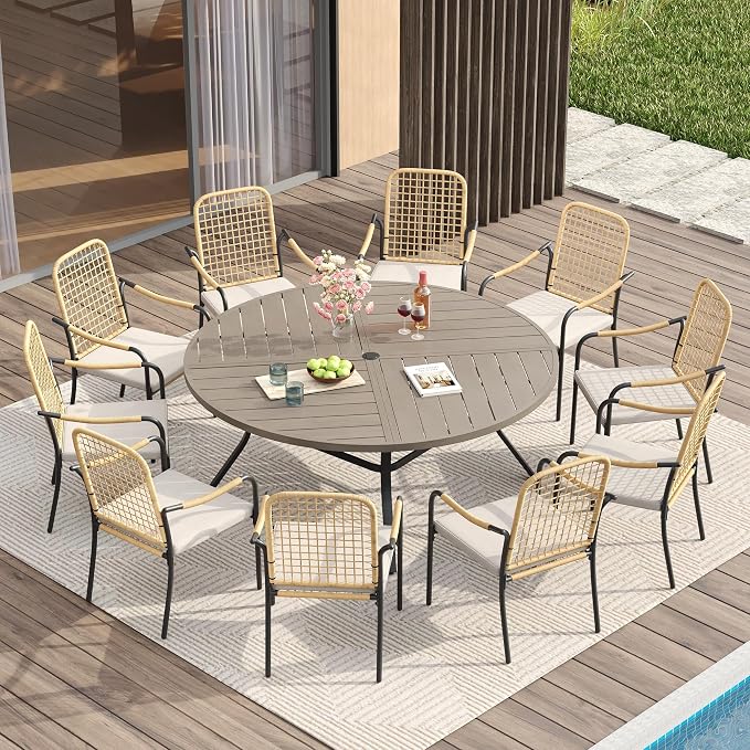 VICLLAX 60" Round Patio Table with Umbrella Hole, All Weather Metal Outdoor Dining Table for 8, Outside Table for Lawn Garden, Grey Wood-Grain Finish