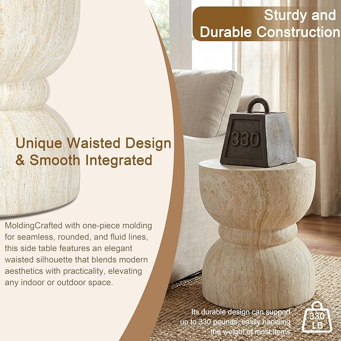 Outdoor Concrete Rounded Waist Outdoor Side End Tables, Decorative Garden Stools for Indoor Imitation Natural Stone Texture Patio Accent Side Table
