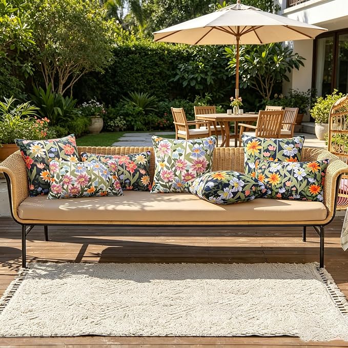 Pyonic Spring Summer Floral Outdoor Pillow Covers 16x16 inch Waterproof Throw Pillow Covers Outdoor Pillows for Patio Furniture Garden Bench Porch,Navy Blue