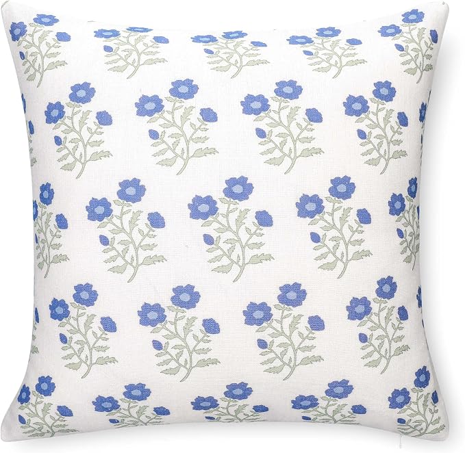 California Casual Coastal Indoor Outdoor Throw Pillow Cover, 20"x20" Water Repellent for Patio, Backyard, Couch, Poolside, Azure Blue Green Print Block Painting Flowers