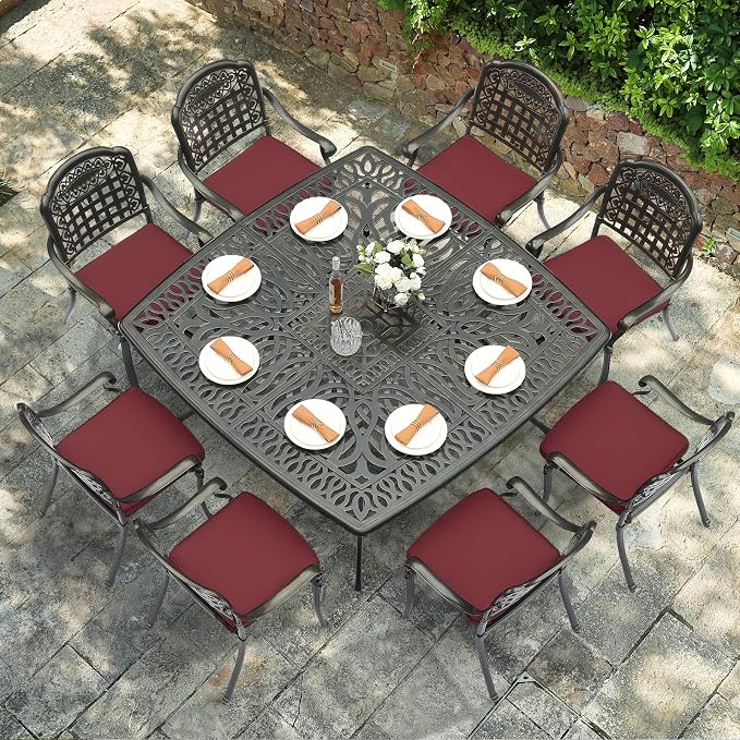VIVIJASON 9-Piece Outdoor Dining Set, Cast Aluminum Retro Patio Furniture Table and Chairs Set for 8, Include Large 64" Square Dining Table and 8 Chairs with Umbrella Hole for Balcony Garden, Red
