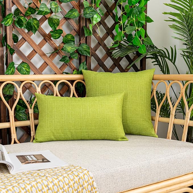 Kevin Textile Outdoor Waterproof 24”x24” Pillow Covers 2 Pack, Green | Water Resistant, Soft Faux Linen-cotton Yarn-dyed Woven Texture Throw Pillow Covers for Tent Patio Garden Couch Sofa