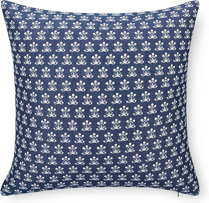 California Casual Coastal Indoor Outdoor Throw Pillow Cover, 22"x22" Water Repellent for Patio, Backyard, Couch, Poolside, Dark Navy Block Print Floral