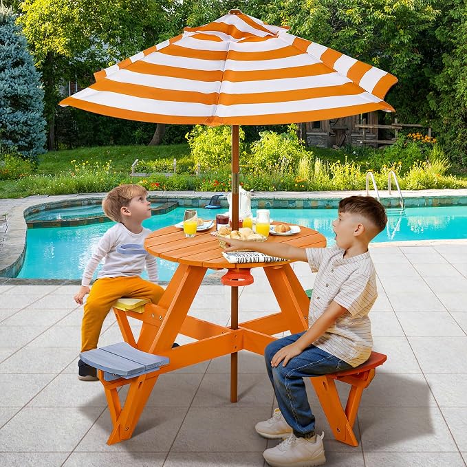 BRINJOY Kids Picnic Table & Stool Set, Outdoor Wood Round Table & 4 Bench, Toddler Picnic Table Set w/Height Adjustable Umbrella, Children Activity Table w/Cup Holders for Patio, Garden, Backyard