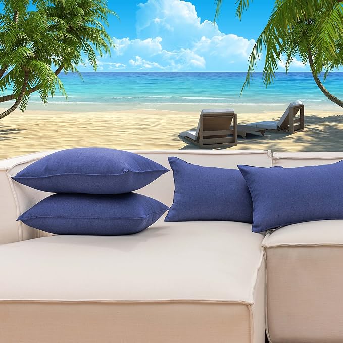 Home Brilliant Patio Pillows Outdoor Waterproof Linen Pillow Covers Rectangle Farmhouse Pillows for Bedroom Office Holidays, Pack of 4, 12inch x 20inch(30x50 cm), Dark Blue