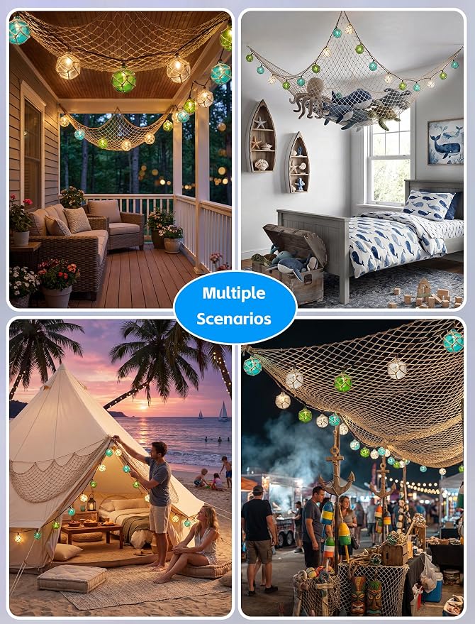 8.5Ft 10L Nautical Fish Float String Lights,Plug in Beach Themed Buoy Light | 1 Pack Fish Net, Connectable, Wall Hanging Fairy Lights for Indoor Home, Outdoor Patio Decorations - Blue/Green/White