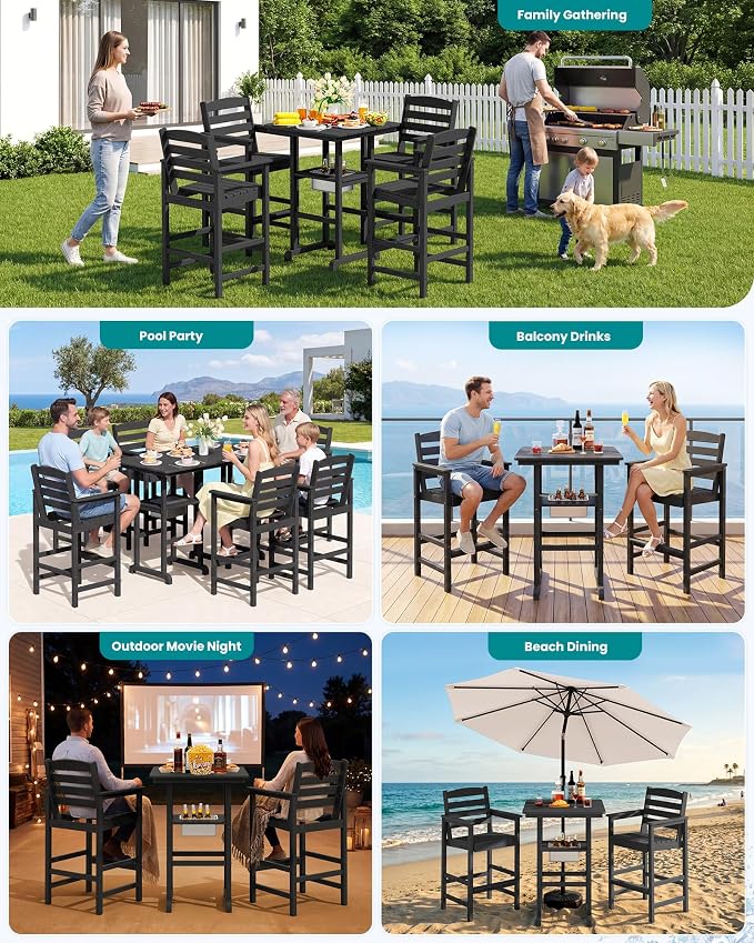 SERWALL Adirondack Bar Chairs and Table 3 Pieces Set with Umbrella, HDPE Bar Height Chairs Set of 2 and Bar Table with Ice Bucket, Outdoor Bar Stools Set for Balcony, Poolside, Backyard, Black