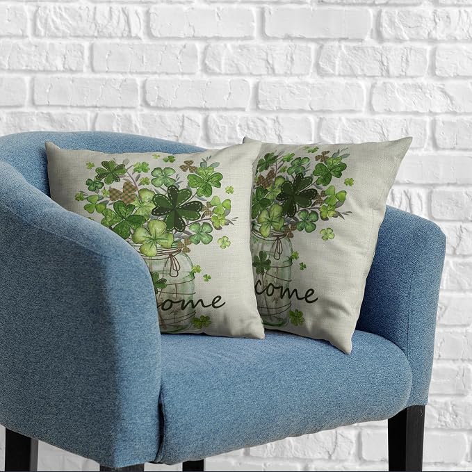 St Patricks Day Pillow Covers 16x16 Set of 2 Shamrock Pillow Case Clover Vase Decorative Pillow Covers Spring Cotton Linen Cushion Case for Living Room Outdoor Bedroom