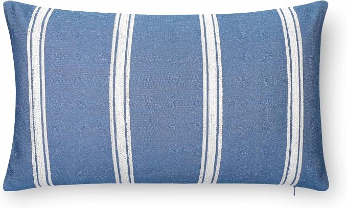 California Casual Coastal Indoor Outdoor Lumbar Pillow Cover, 12"x20" Water Repellent for Patio, Backyard, Couch, Poolside, Azure Blue White Embroidered Stripes