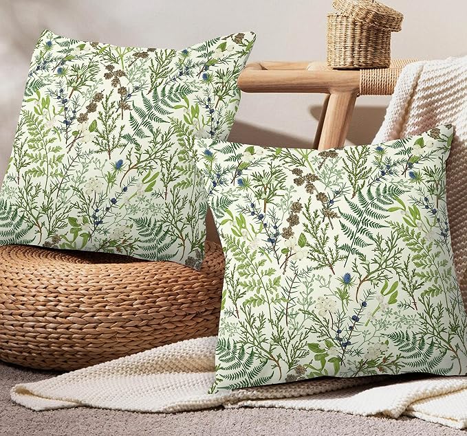 Green Plant Throw Pillow Covers 18x18 Inch Set of 2 Sage Green Botanical Leaf Pillow Covers Vintage Floral Cushion Cover Farmhouse Waterproof Decor for Living Room Bedroom Sofa Patio Outdoor