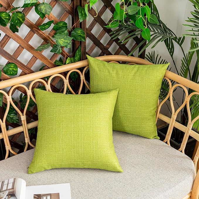 Kevin Textile Outdoor Waterproof 22”x22” Pillow Covers 2 Pack, Green | Water Resistant, Soft Faux Linen-cotton Yarn-dyed Woven Texture Throw Pillow Covers for Tent Patio Garden Couch Sofa